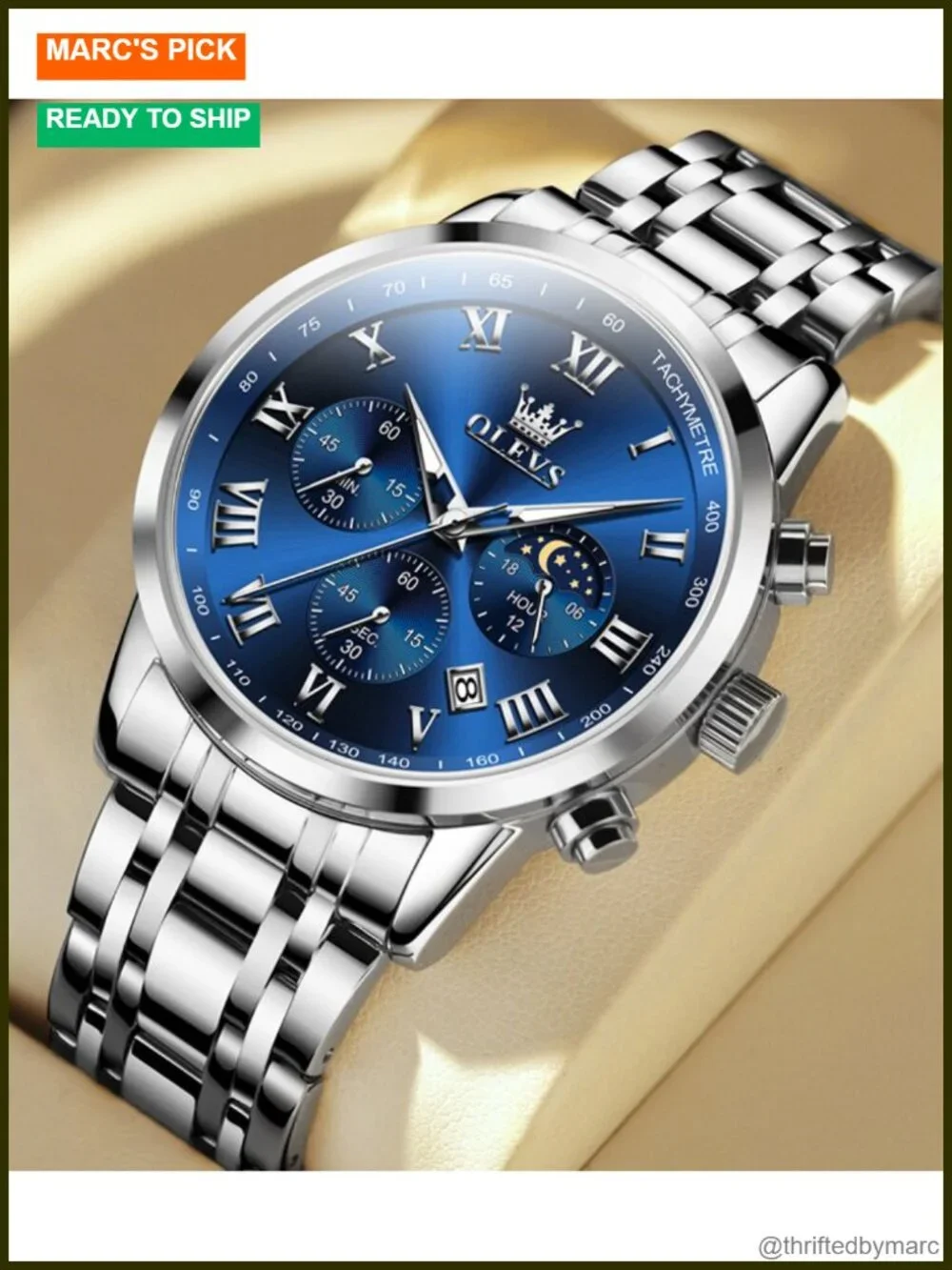 Stainless Steel Chronograph Watch, Roman Numerals Date Analog Quartz Dress